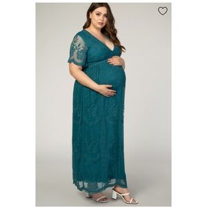 PinkBlush Teal Lace Mesh Overlay Plus Maternity Maxi Dress